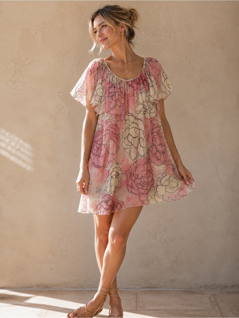 BCBGMaxAzria Boho Blush Pink Floral Mesh Overlay Flowy Flutter Sleeve Dress